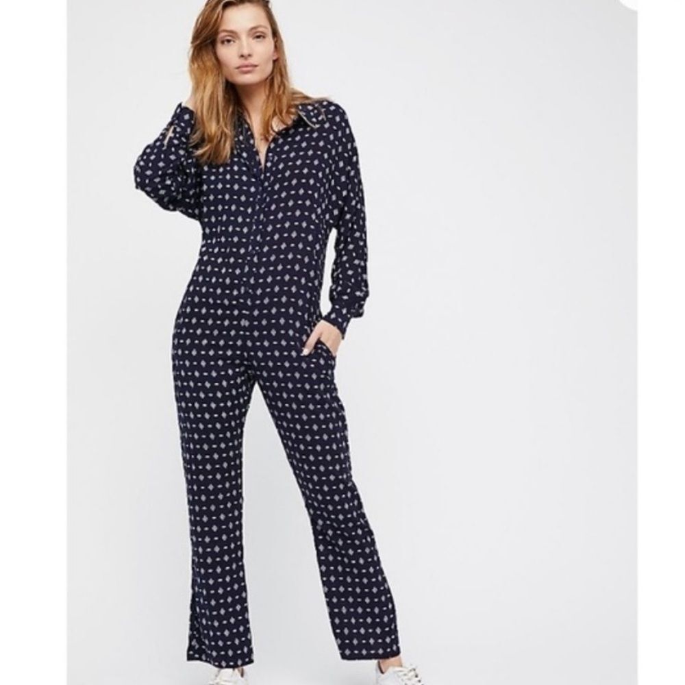 Free People Jump On It Navy Blue & White Long Sleeve Jumpsuit Size Medium